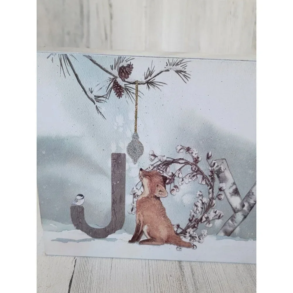 Snow scene picture Fox baby‎ Joy glitter Xmas Decor sign